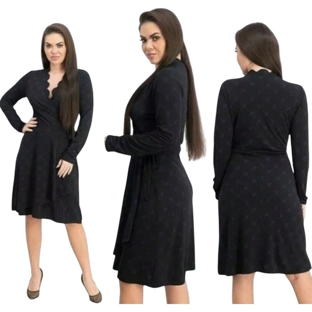 41 Hawthorn Ryleigh Scallop Detail Lined Faux Wrap Dress Black Blue Size Small